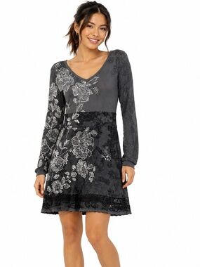 Desigual Celine Floral Lace Print Dress Grey Long Sleeve Boho Medium Casual